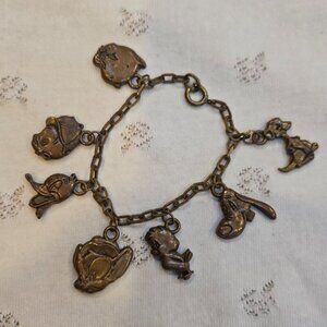 Vintage Jan Michaels Bronze Charm Bracelet Disney Goofy Elmer Fudd Tweety